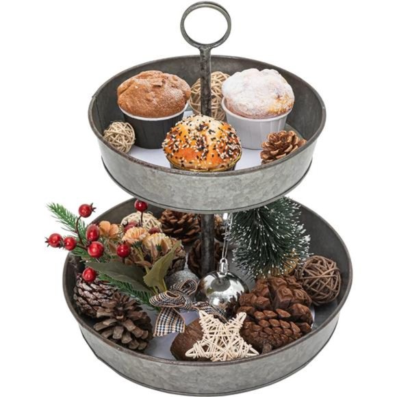 Farmhouse 2 Tiered Galvanized Serving Tray Stand with Handle, Rustic Metal Tray - Picture 1 of 6